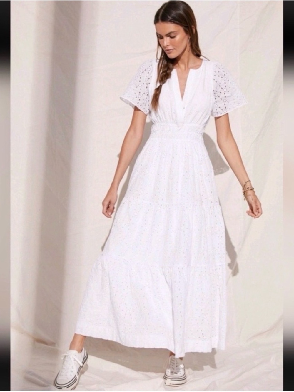 Anthropologie White Eyelet Maxi Dress with Flutter Sleeves & FREE GIFT